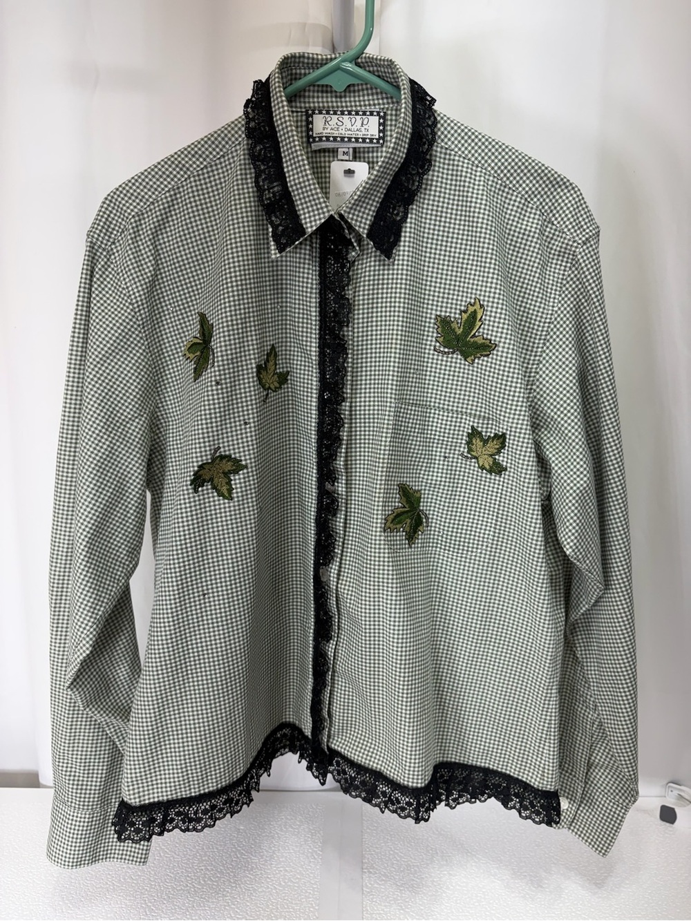 RSVP Black and Green Gingham Button-Up Shirt with Leaf Appliqués 3694